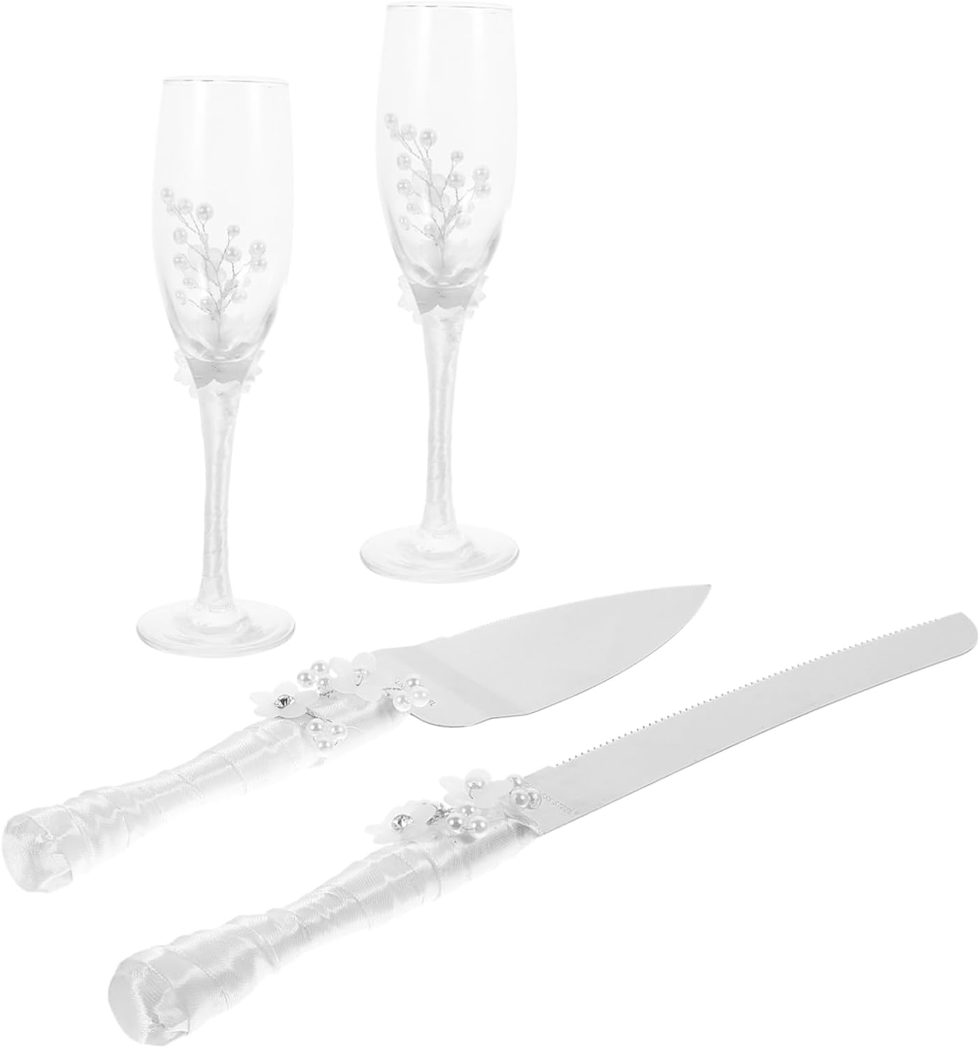 Wedding Cake Cutting Set with Pearls, Satin Plastic 4 Piece