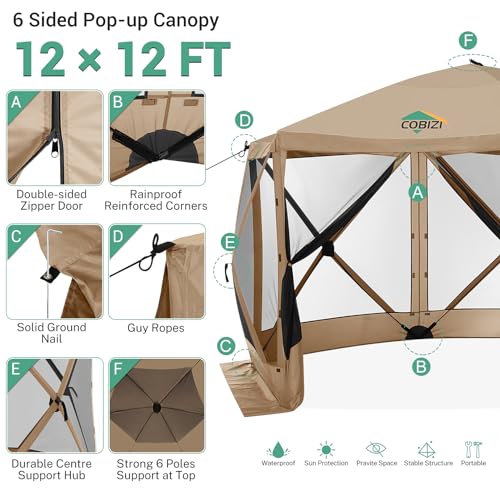 Image of COBIZI 12x12 FT Pop Up Canopy Shelter Tent, Large Gazebos On Clearance with Sidewalls, Screened in Gazebo, Screen Tents Portable carpas para Patio for Outdoor Camping, Backyard, Garden, Beach,Khaki