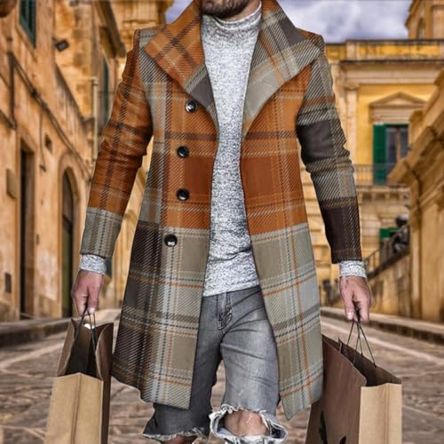 LOAIHA Men's Casual Trench Coat Fashion Plaid Splicing Single Breasted Mid Length Peacoat Fall Winter Warm Jacket Outwear4