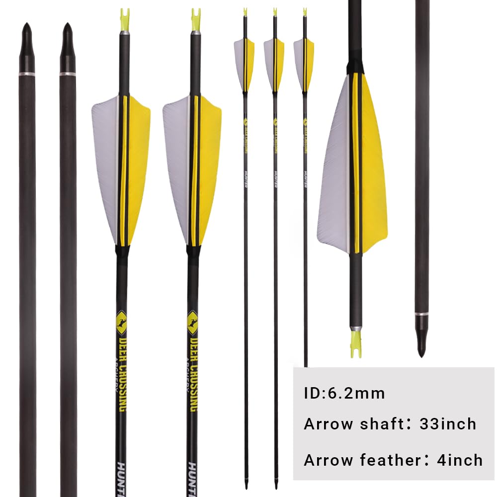 12Stück ID 6,2mm Jagdpfeile, Spine 300 350 400 500 600 700 800 Bogenschießen Pfeil, 4 Zoll Truthahn-Feder Reinkohlenstoff-Pfeil