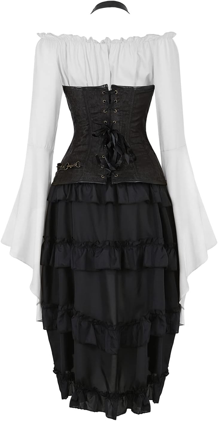 Hengzhifeng Women Steampunk Leather Corsets Tops with Pirate Skirt and White Off Shoulder Blouse