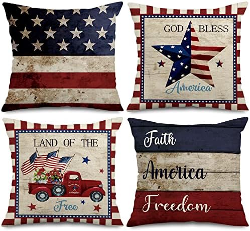 AnyDesign Independence Day American Flag Pillow Covers 4th of July Patriotic Star Stripes Throw Pillow Case Truck God Bless America Decorative Pillow Case Cushion Cover for Home, 18 x 18, 4 Pack