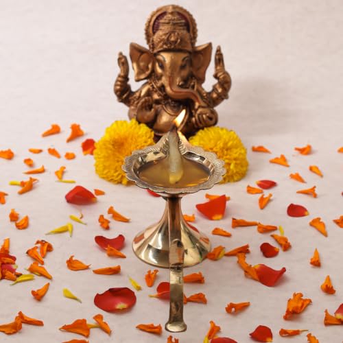 Image of Klassic Pure Brass 5.7 Inch Large Arti Diya for Puja | Traditional Deepak for Home Temple Mandir & Daily Pooja | Decorative Brass Oil Lamp for Diwali Gifting & Festive Decor | Pack of 1