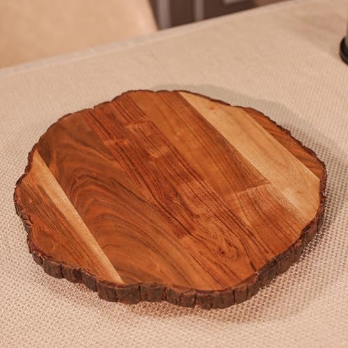 Image of Vriksha Lazy Susan Acacia Wood with Bark Edge | Rotating Serving Platter for Cheese Snacks Desserts | Round Wooden Turntable for Dining