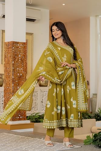 Image of Pistaa's Women's Pure Cotton Anarkali Floral Printed Hand Work Kurta with Pant & Dupatta Set