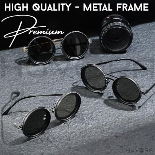 Image of Adjustable Tint Rotating Polarized Round Sunglasses for Men Stylish, Anti Glare Lenses 1-11 Gear UV400 Protection Metal Goggles for Driving Beach Retro Branded Sun Glasses