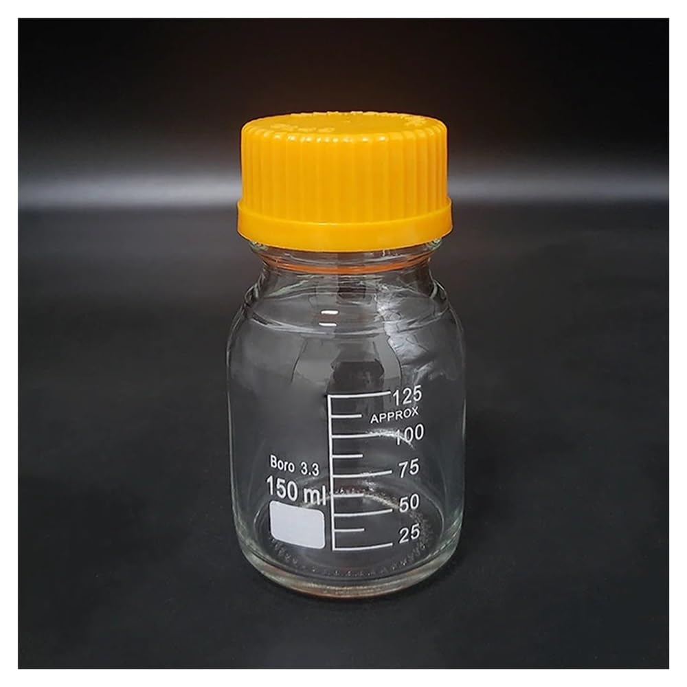 Glassware Labware Bottle with Yellow Screw Cover Borosilicate Glass 3.3 Capacity 150mL Graduation Sample