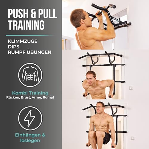 PULLUP & DIP Klimmzugstange für Türrahmen zum Einhängen ohne Schrauben und kein Abrutschen, Profi Türreck, Pull-up Bar mit gepolsterten Griffen – Bild 6