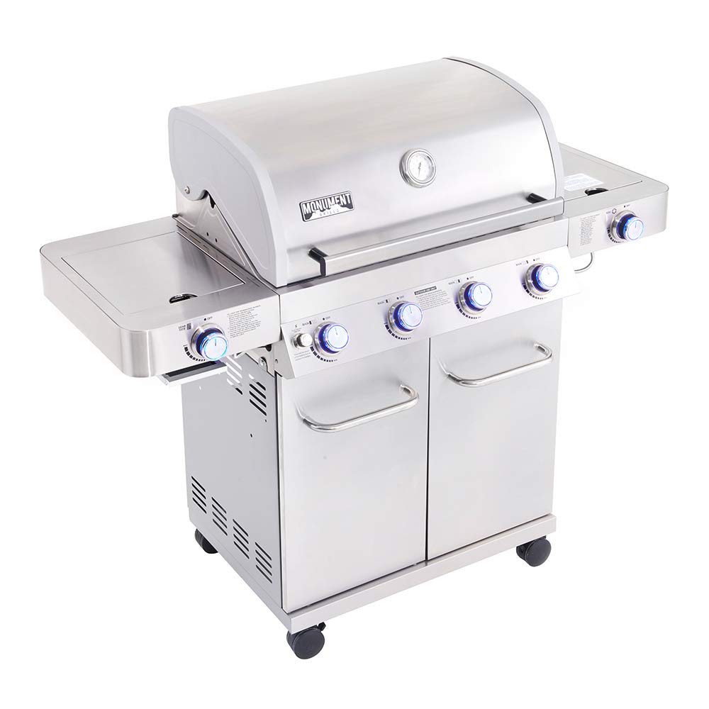 Monument Grills Larger 4+2 Burner Propane Gas Grills Stainless Steel Cabinet Style with Side & Side Sear Burners, Built-In Thermometer, and Knob Controls