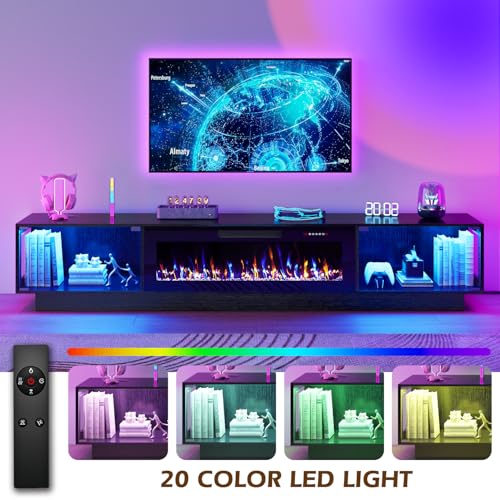 Image of WALEAF 80 inch Fireplace TV Stand, Modern Glass TV Table Stand with Fireplace for TVs Up to 90 inch, LED Light Entertainment Center with Large Storage, TV Consoles for Living Room (Black+Glass Door, 80 inch)