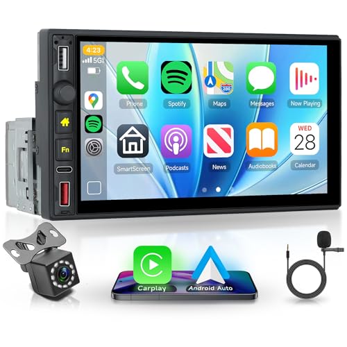 Rimoody Wireless Carplay Autoradio 1 Din mit Wireless Android Auto IOS/Android Mirror Link 7 Zoll Touchscreen Autoradio mit Bluetooth FM Radio USB/AUX/DVR/EQ/Type C Lenkradsteuerung Rückfahrkamera