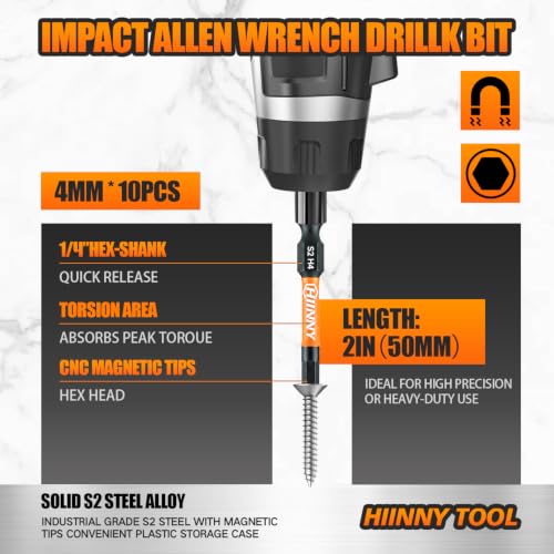 Image of Impact Allen Wrench Drill Bits 4MM 10PCS,2 inch Hex Bits, 1 /4 inch Hex-Shank S2 Steel,Impact Driver Bit Set, Magnetic CNC Tips for Drill & Driver with Storage Box