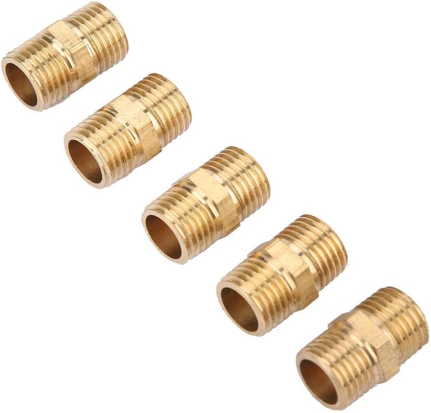 5 Pcs Brass Pipe Fitting, Male Threaded Hex Straight Connector Pipe Fitting Hex Nipple Brass Hex Coupler Hex Nipple Hardware Pipe Fitting and Air Hose Fitings Tube Connecting Accessories (1/4)
