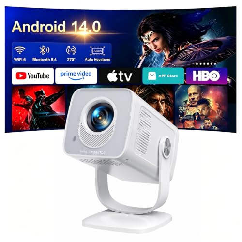 Built-in Android 14 | Short ThrowTOPTRO Mini Portable Projector 1080P 4K Supported Smart Projector with 270 Rotation Stand Auto Keystone WiFi 6 Bluetooth 5.4 Home Cinema Projectors for Bedroom