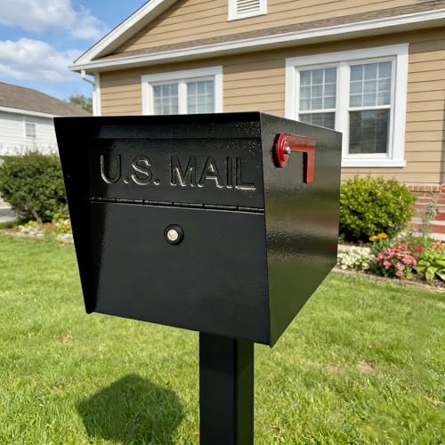 Mailbox,with Mounting Post, Mailboxes for Outside,Locking Mailbox,Large,Black,Metal Mail Box,Heavy Duty