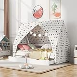 Hausbett Spielbett mit Stoffzeltaufsatz, 2 Schubladen, Mobiler Zeltständer, Rausfallschutz, Kinderbett in Kiefer, 90 x 200 cm, ohne Matratze