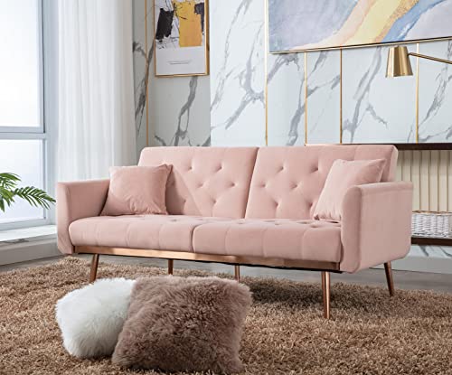 Tehrecbt Velvet Accent Sofa Loveseat Sofa With Rose Gold Metal Feet, Futon Sofa Bed Convertible Sleeper Sofa For Living Room, Small Splitback Sofa With 2 Pillow (63.8'L'x31.5''Dx30.7''H, Pink) #TOP22