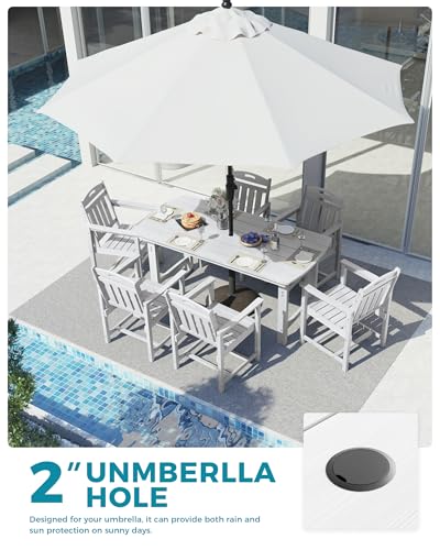 Image of Ciokea HDPE Outdoor Dining Set, 7-Piece Patio Table and Chairs Set with Umbrella Hole, All-Weather Patio Dining Sets for 6, Durable Patio Furniture for Backyard, Garden, Lawn & Poolside, White
