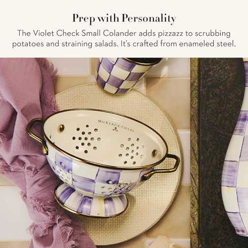Image of MACKENZIE-CHILDS Enamel Colander, Decorative Kitchen Strainer, Small, Purple-and-White Violet Check