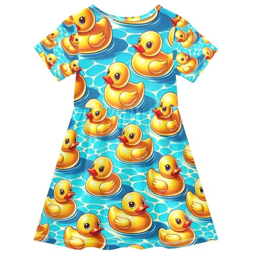 Toddler Girls Short Sleeve Dress Rubber Ducks Swimming Pool Print Summer Casual Sundress for Kids 2T-8T2