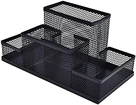 KRIOM 4 Compartment Desk Organizer Compartment Metal Mesh Stationery Accessories Storage Stand Caddy Pen, Pencil Holder for Office, Home, and Study Table Supplies Gift-Black Color