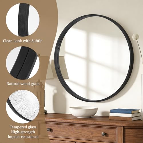 Image of WallBeyond Round Wood Mirror, 32 inch Round Modern Decoration Large Circle Wall Mirror for Bathroom Living Room Bedroom Entryway, Black