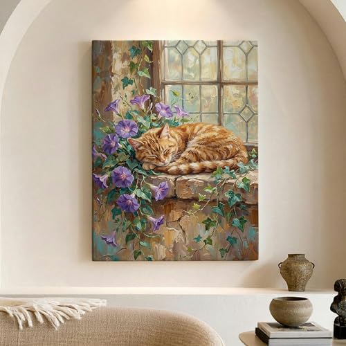 Toile murale chat confortable créant une ambiance zen et fleurie dans votre chambre