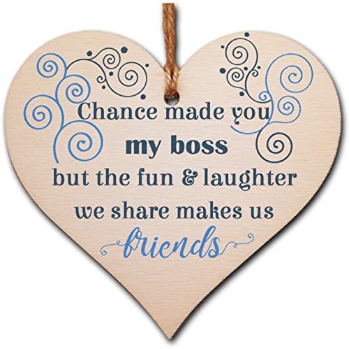 Handmade Wooden Hanging Heart Plaque Gift for your Boss or Manager Keepsake for Friend, Brown, Approx. 10 x 9.5 cm