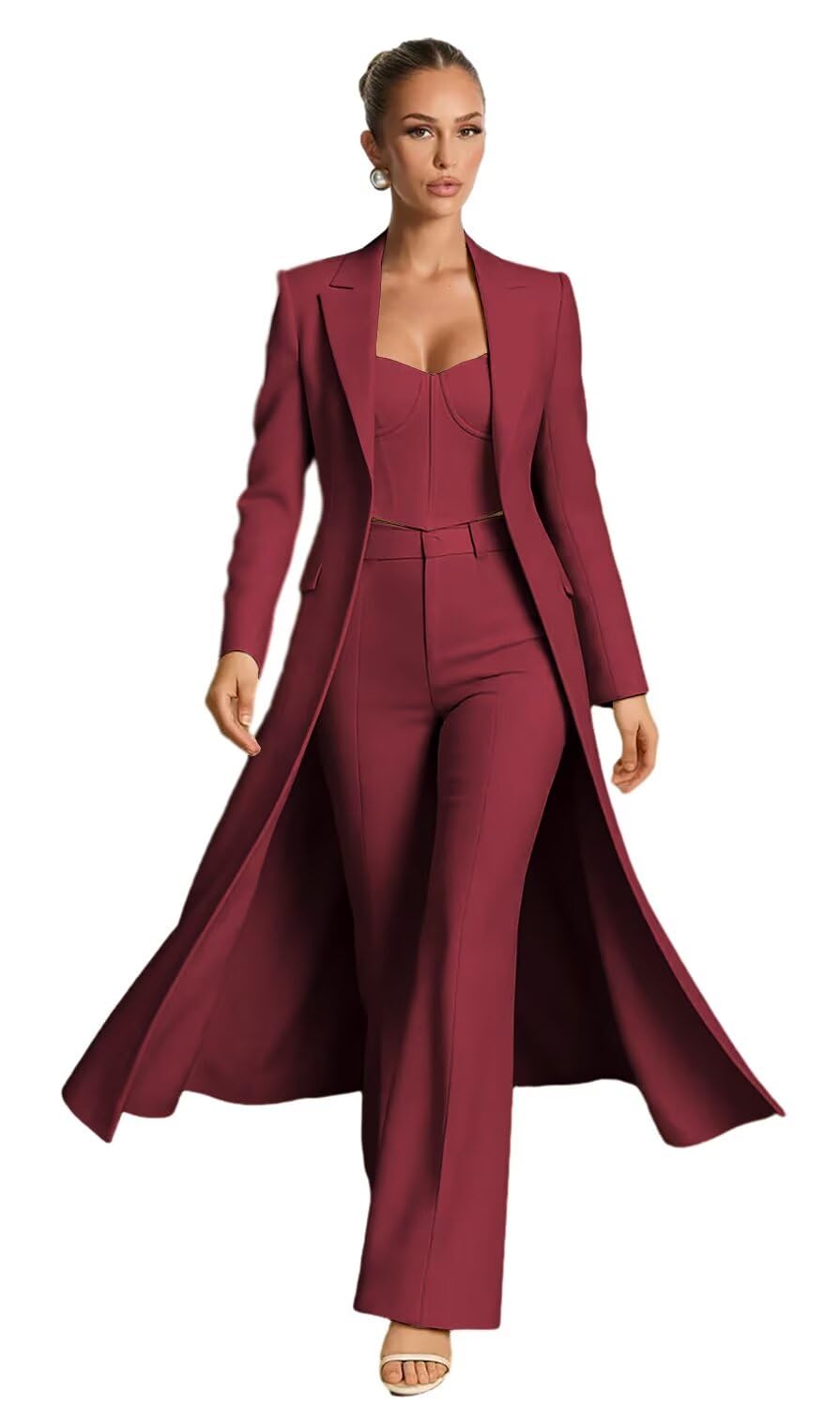 Suits for Women Business Casual 3 Piece V Neck Womens Suit Long Blazer Vest Pants Tuxedo Pant Suit