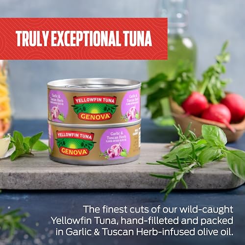 Image of Genova Premium Yellowfin Tuna in Garlic and Tuscan Herb Infused Olive Oil, 5 Ounce Can (Pack of 12), Wild Caught, Solid Light
