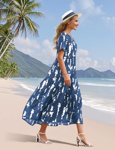 Image of YESNO Women's Summer Maxi Dresses Casual Floral Short Sleeve V Neck Boho Beach Vacation Swing Dress with Pockets EVF