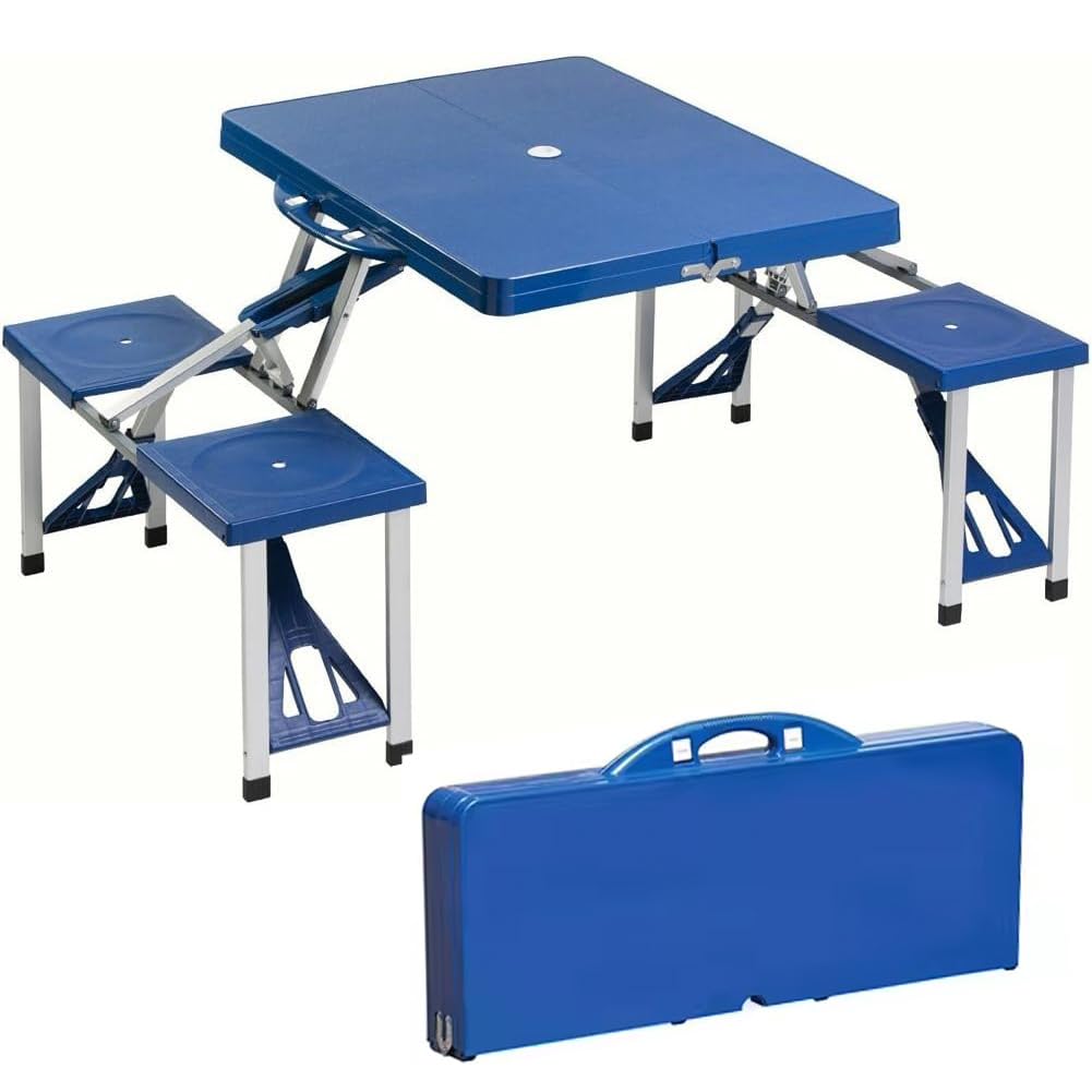 BAKAJI Tavolo Pieghevole da Campeggio in Alluminio con 4 Sgabelli Pieghevoli a Valigetta Blu