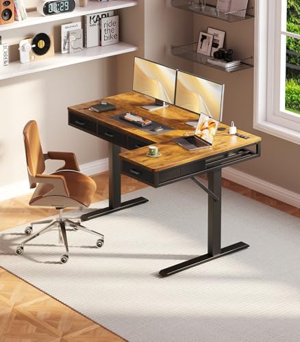 Image of OffiGo 55 Inch L Shaped Electric Standing Desk with 4 Drawers, Rustic Brown | Reversible Corner Table, Office Desk With 4 Drawers and Outlets For Home Office, Computer Workstation And Sit Stand Use