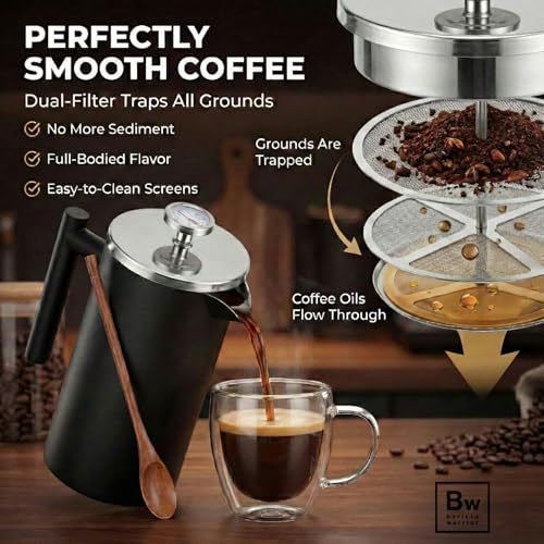 Image of Barista Warrior French Press Coffee Maker - Double-Wall Stainless Steel Insulated French Press with Built-In Thermometer, Dual Filters Coffee Maker with Wooden Spoon - Black