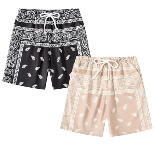 Eymitory Boy's 2 Pack Summer Boho Paisley Print Shorts Kids Drawstring High Waisted Graphic Bandana Shorts with Pockets