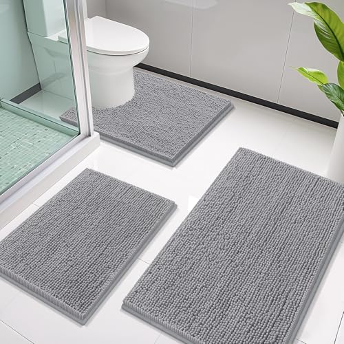 Image of Smiry Bathroom Rugs Sets 3 Piece, Soft Absorbent Chenille Bath Mat and U-Shaped Contour Toilet Rug, Machine Wash Dry Bath Mat Sets for Bathroom Tub and Floor (36 inchx24 inch+24 inchx16 inch+24 inchx20 inch, Grey)