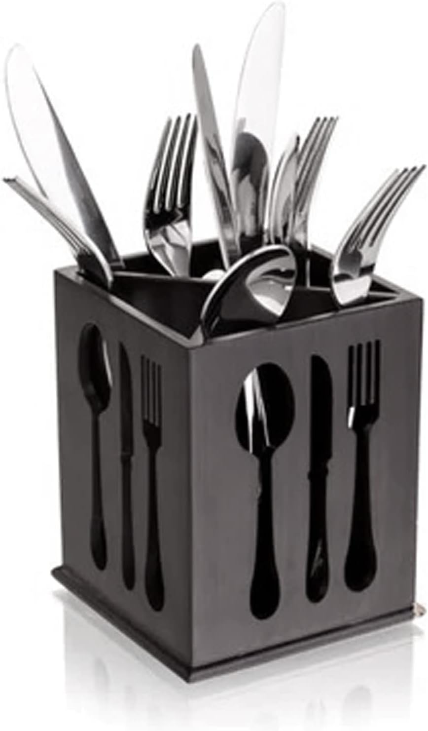 HAINEHAINE 4 Partition Wooden Cutlery Holder for Spoons, Forks, Knives and more, Black