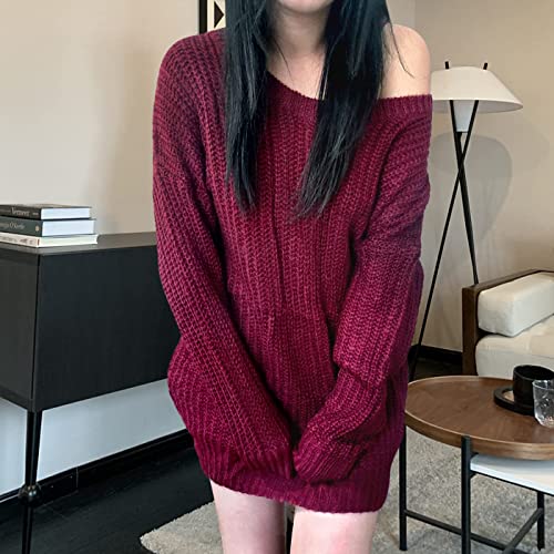 Arjosa Women's Fall Sweaters Pullover Oversized Crew Neck Long Sleeve Knit Sweater Tunic Tops (X-Large, Wine Red) #TOP4