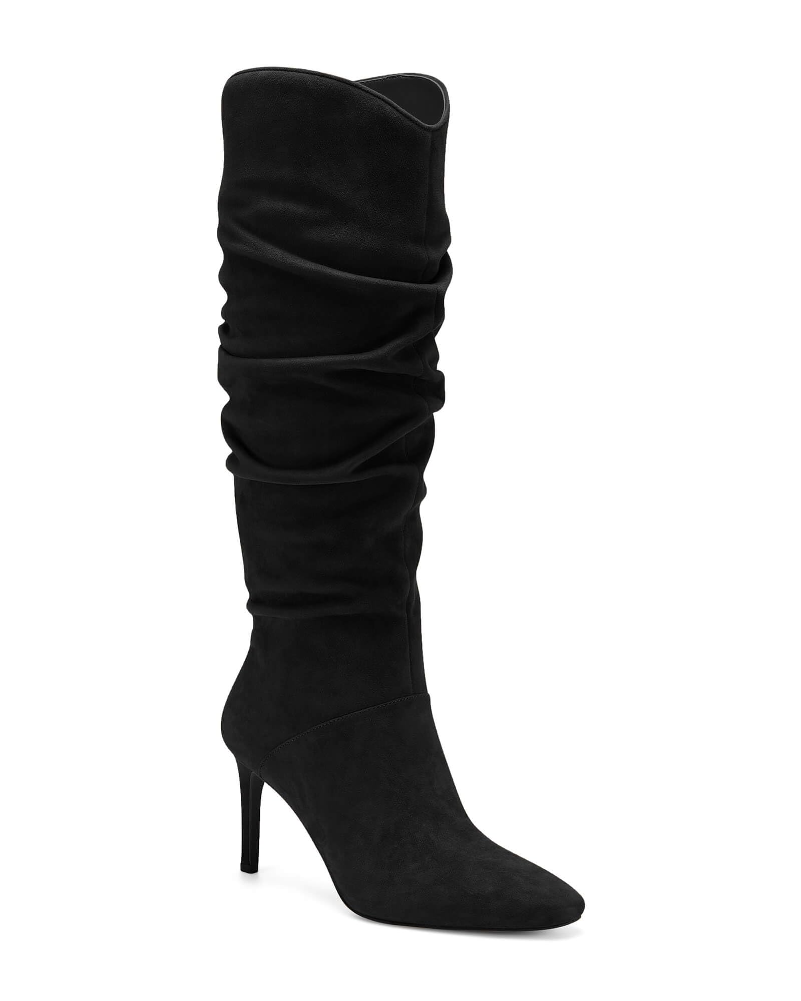 Coutgo Womens Knee High Boots Faux Suede Almond Toe Stiletto High Heel Slouchy Side Zipper Booties