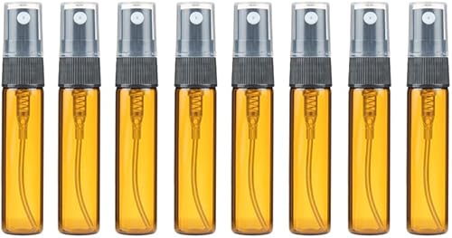 Paquete de 25 recipientes de botella de vidrio con atomizador de botella marrón Protable, pulverizador negro, tapa transparente, muestra de perfume,