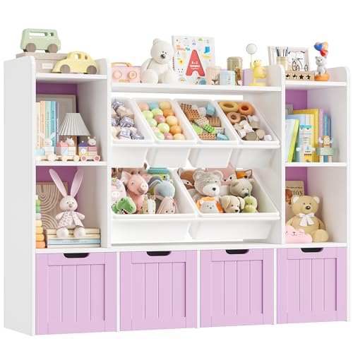 FOREHILL Mueble Organizador Juguetes, Mueble Almacenaje Juguetes, Estanteria Montessori, Organizador de Juguetes Infantil, Estanteria Infantil, 4 Cajones con Ruedas, 6 Cajas, Lavanda, 140x30x106cm