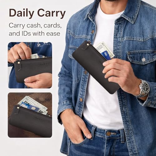 Image of CONTACTS Genuine Leather Small Pouch Multipurpose Utility Bag Zipper Pencil Pouches Holder Aesthetic for Adults Men Women Boys Coin Purse Money I Pen I Key I Tool Jewelry Bag - Black