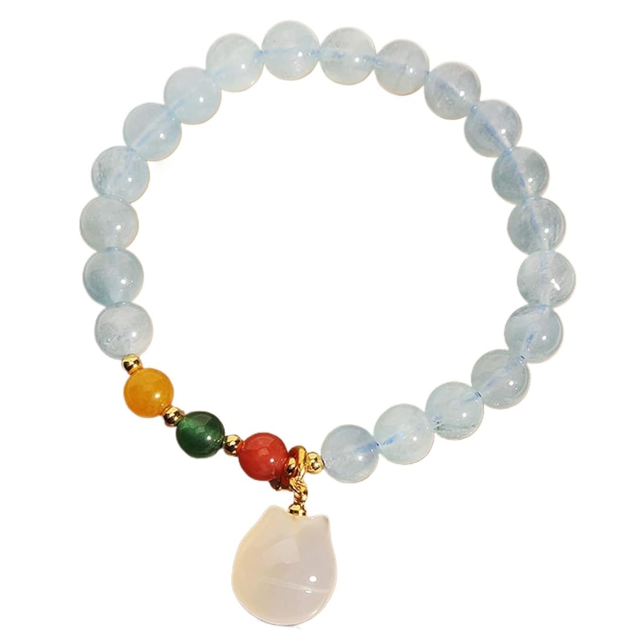 Braccialetti con Perline, Ciondolo Gatto Portafortuna in Acquamarina Naturale