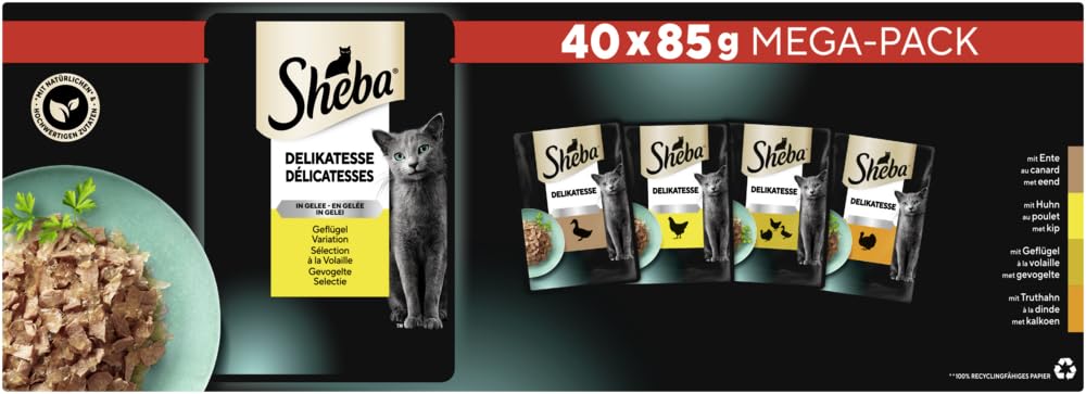Sheba DELIKATESSE Multipack Mega Pack Sacchetti porzioni di pollame Variation in gelatina 40 x 85 g, cibo per gatti, cibo umido