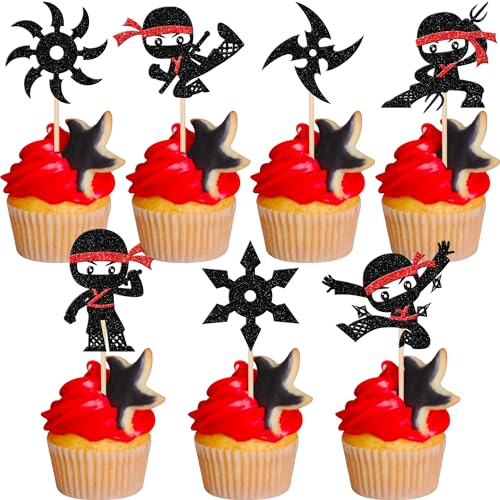 28 PCS Ninja Cupcake Toppers Glitter Darts Martial Arts Karate Kung Fu Warriors Cupcake Picks for Ninja Theme Baby Shower Kids Samurai Birthday Party Cake Decorations Supplies