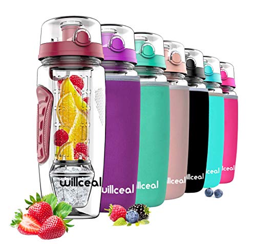 willceal Bouteille d'eau pour infuseur de fruits 32 oz durable avec boule de gel amovible, grande - Tritan sans BPA, couvercle à rabat, protection anti-fuites...