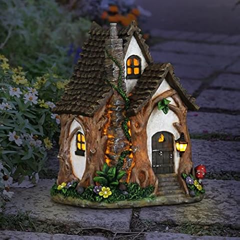 Exhart Fairy Garden Sculpture, Solar Tree Trunk Fairy House Garden Statue, 3 LED Lights, Durable Resin, Outdoor Lawn and Yard Decoration, 8.5 x 9.5 x 11.5 Inch Cover