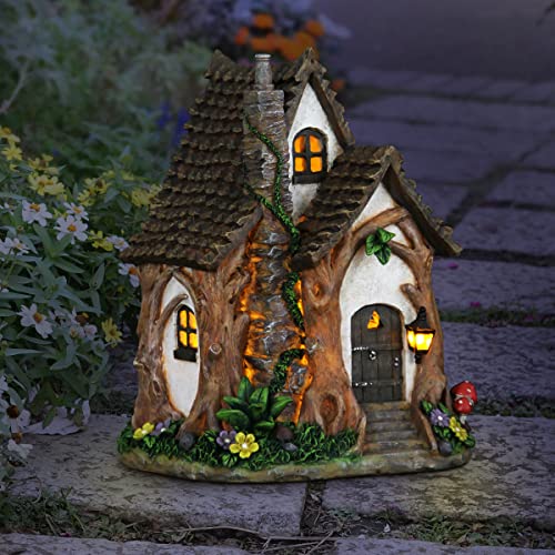 Exhart Fairy Garden Sculpture, Solar Tree Trunk Fairy House Garden Statue, 3 LED Lights, Durable Resin, Outdoor Lawn and Yard Decoration, 8.5 x 9.5 x 11.5 Inch