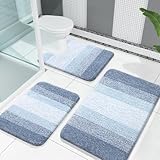 OLANLY Bathroom Rugs Sets 3 Piece, Soft Absorbent Microfiber Bath Mats and U-Shaped Contour Toilet Rug, Plush Shaggy Bath Mat Set for Bathroom (30'x20'+24'x16'+24'x20', Blue)