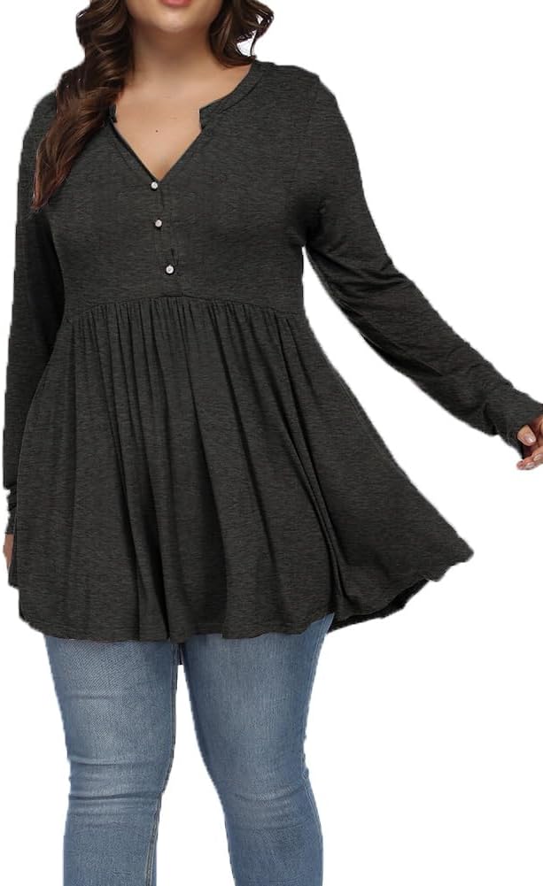 Plus Size Tops for Women Curvy Fall Long Sleeve Dressy Tops Button V Neck Henley Shirts Casual Flowy Tunic Blouses - Image 3